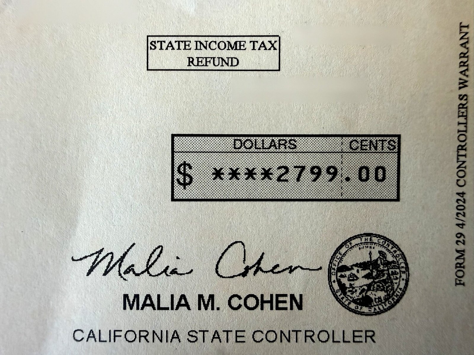 Chèque de remboursement d'impôt en Californie après avoir manifesté de l'argent