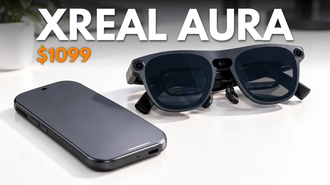 Une personne portant des lunettes XREAL Aura regardant une configuration virtuelle multi-moniteurs.